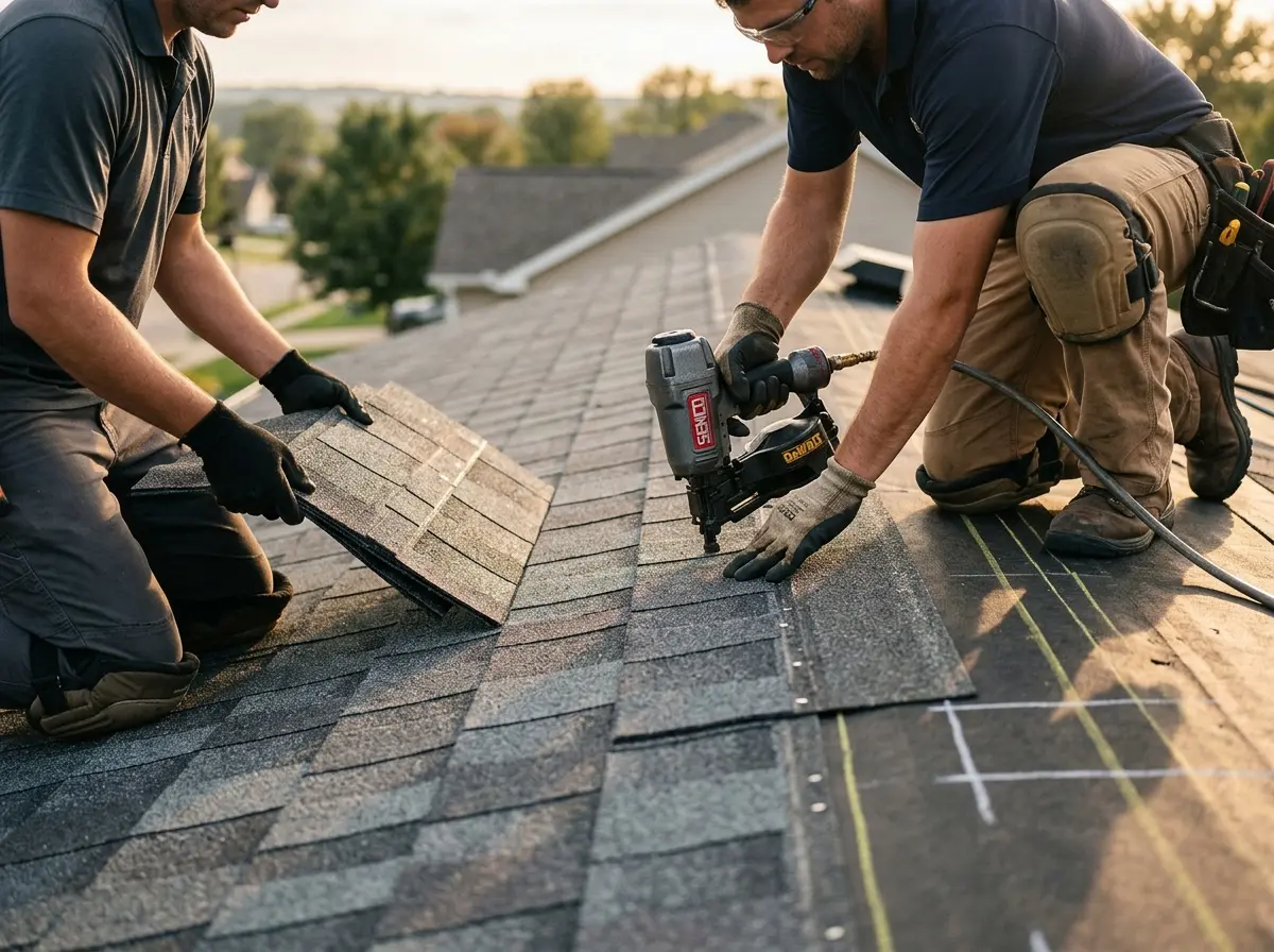 Professional roofer working on a residential roof in Richland